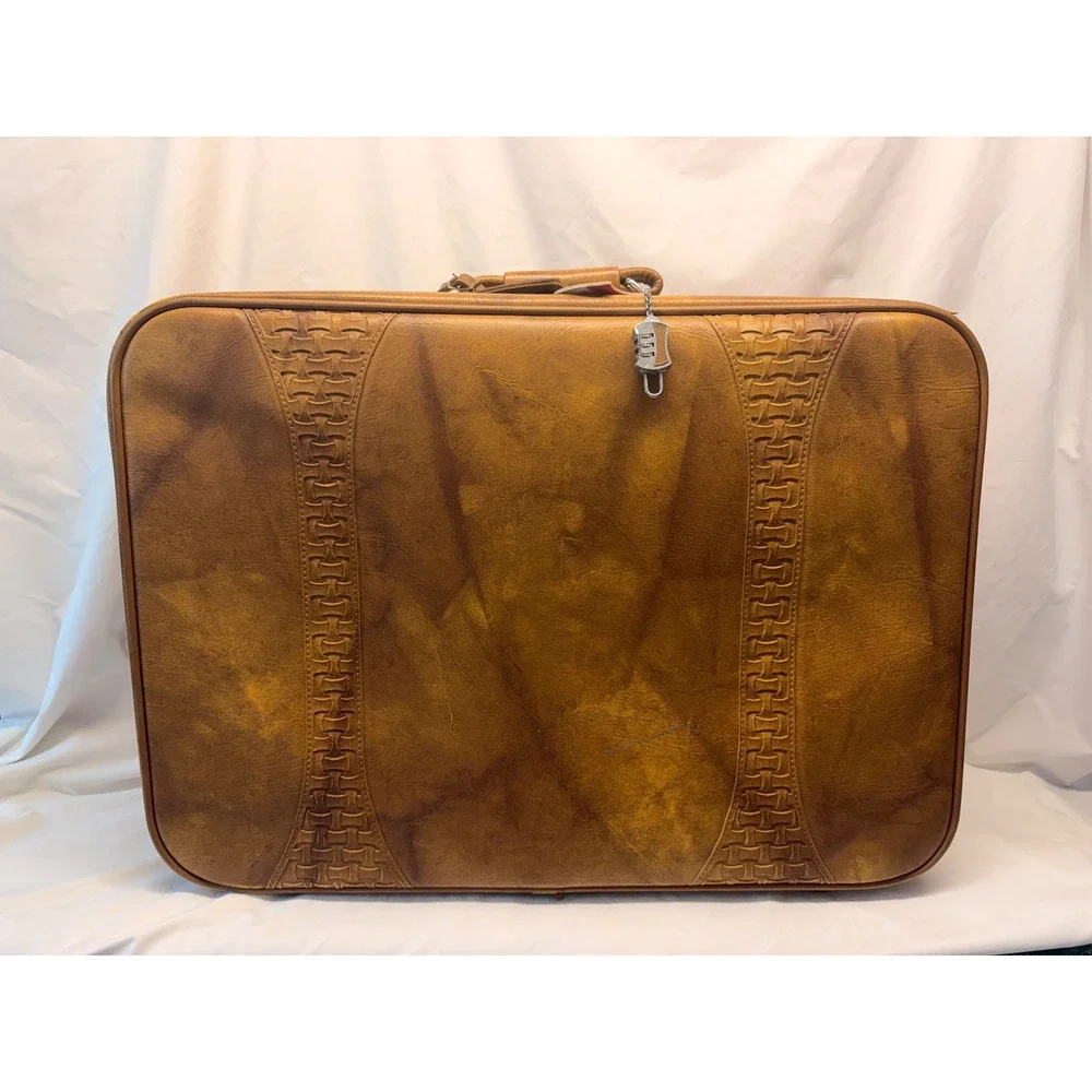 Vintage 1978 American Tourister Tan Faux Leather Suitcase Embossed Basketweave